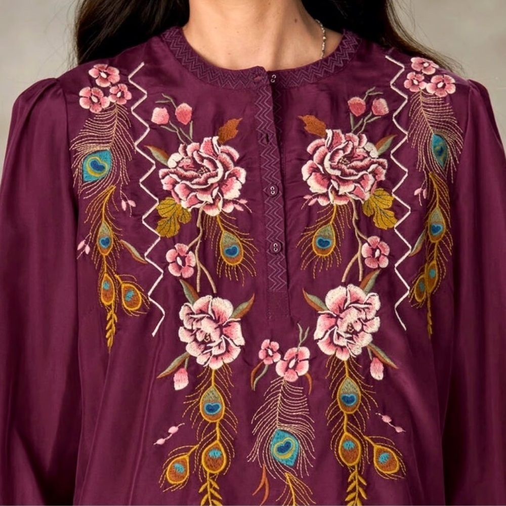 Johnny Was Quito Victorian Prairie Blouse Silk Peacock Floral Embroidered Boho